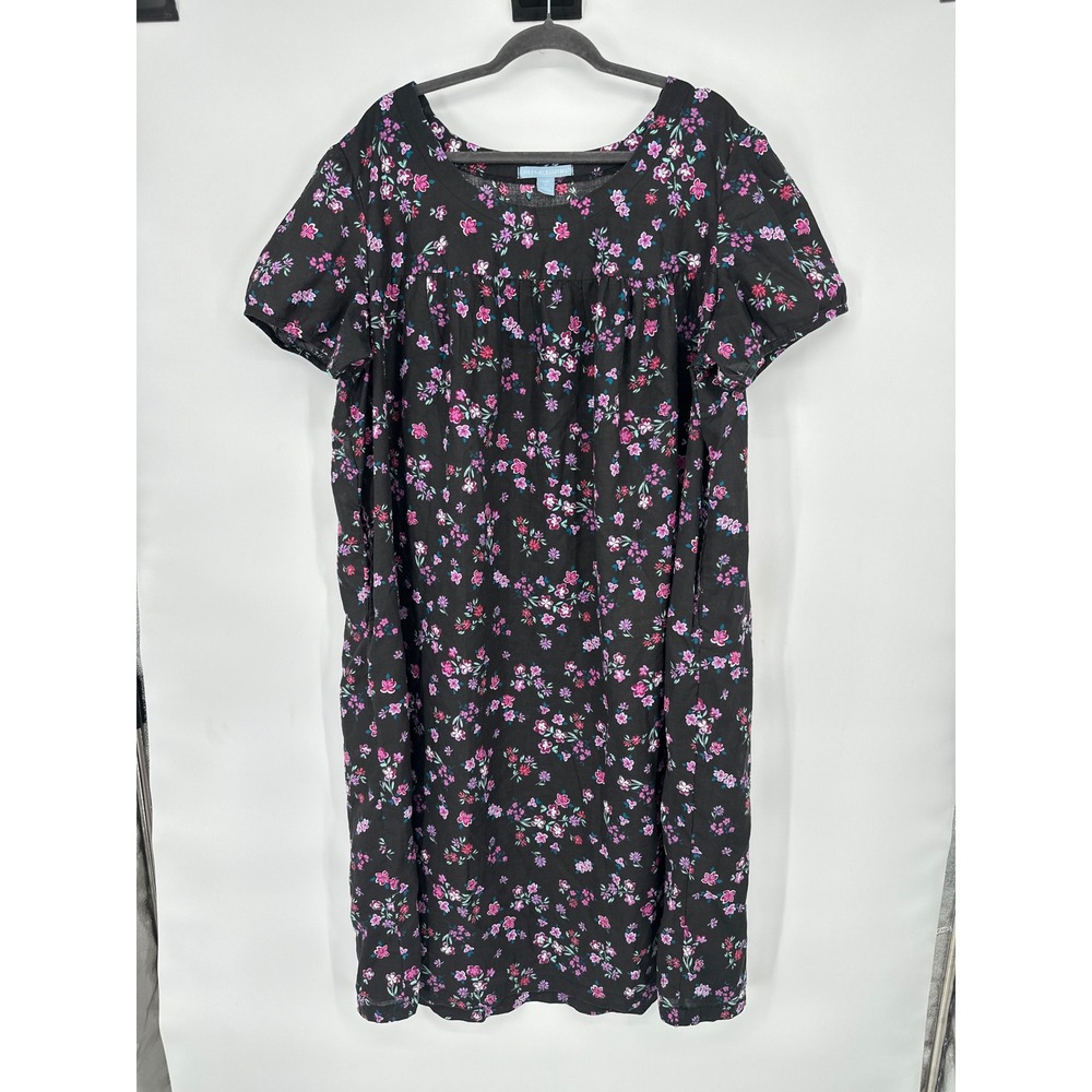 Only Necessities Dress Women 1X Black Floral Nightgown Pockets Lounge Muu Muu